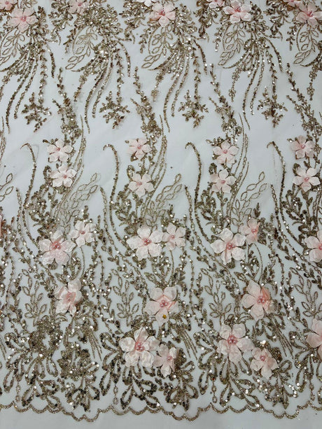 3D Luxury Satin Floral Glitter Fabric - 3D Satin Flowers, Glitter Sequin Embroidery, 54" Width (1 Yard)