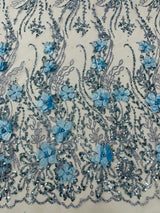 3D Luxury Satin Floral Glitter Fabric - 3D Satin Flowers, Glitter Sequin Embroidery, 54" Width (1 Yard)