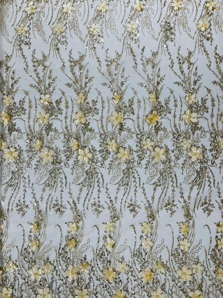 3D Luxury Satin Floral Glitter Fabric - 3D Satin Flowers, Glitter Sequin Embroidery, 54" Width (1 Yard)