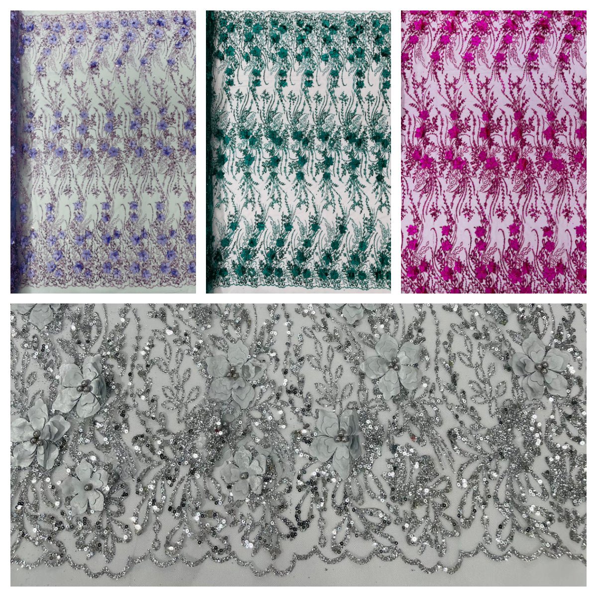3D Luxury Satin Floral Glitter Fabric - 3D Satin Flowers, Glitter Sequin Embroidery, 54" Width (1 Yard)