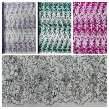 3D Luxury Satin Floral Glitter Fabric - 3D Satin Flowers, Glitter Sequin Embroidery, 54" Width (1 Yard)