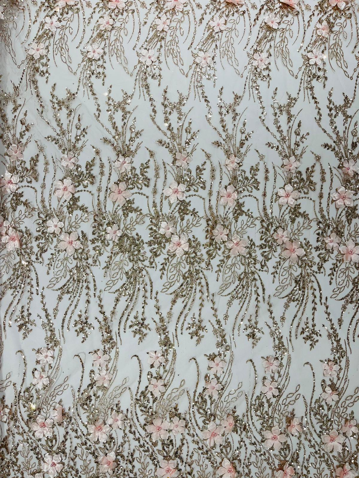 3D Luxury Satin Floral Glitter Fabric - 3D Satin Flowers, Glitter Sequin Embroidery, 54" Width (1 Yard)