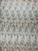 3D Luxury Satin Floral Glitter Fabric - 3D Satin Flowers, Glitter Sequin Embroidery, 54" Width (1 Yard)