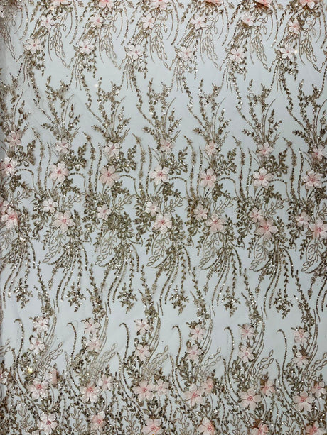 3D Luxury Satin Floral Glitter Fabric - 3D Satin Flowers, Glitter Sequin Embroidery, 54" Width (1 Yard)