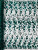 3D Luxury Satin Floral Glitter Fabric - 3D Satin Flowers, Glitter Sequin Embroidery, 54" Width (1 Yard)