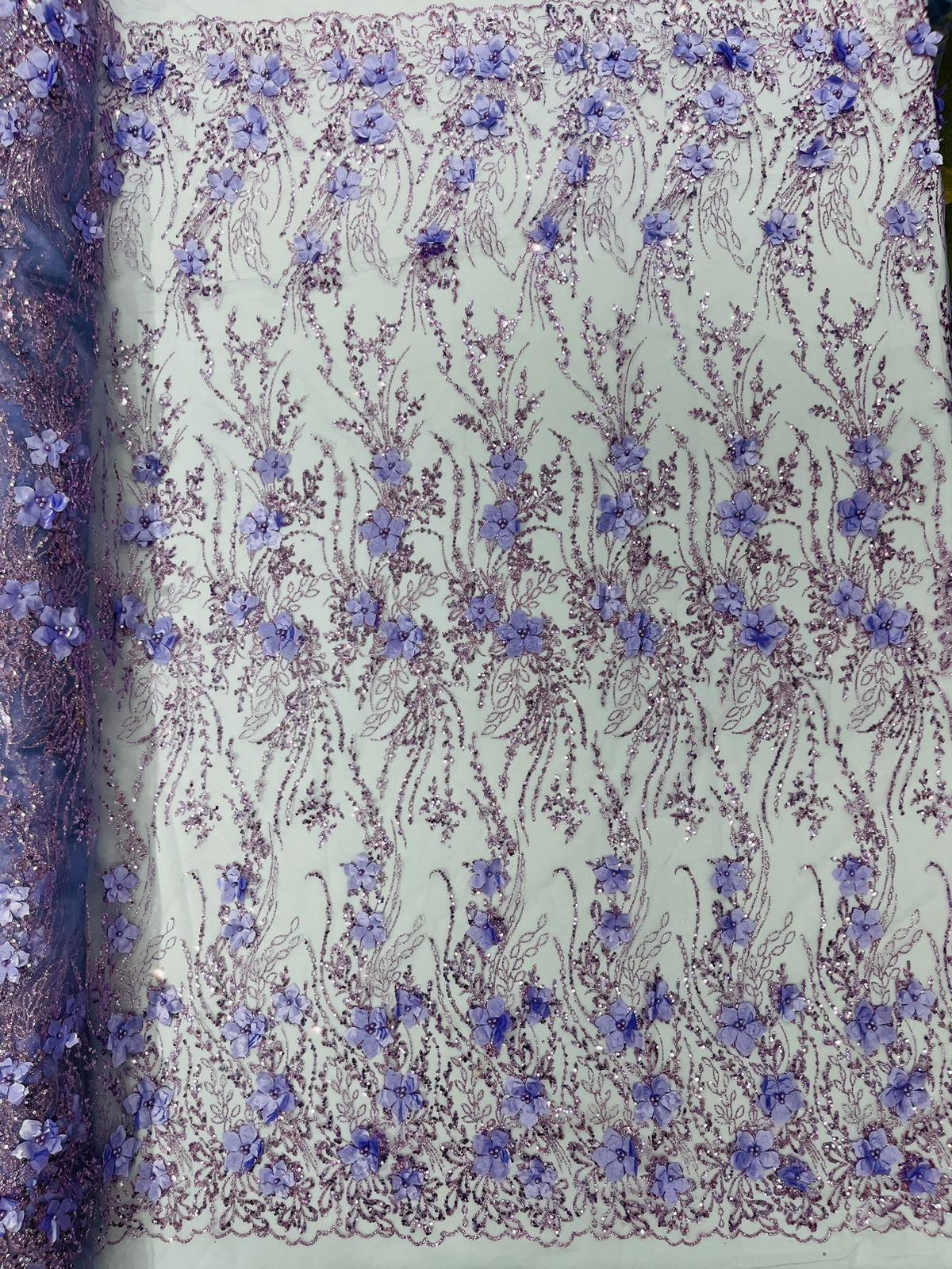 3D Luxury Satin Floral Glitter Fabric - 3D Satin Flowers, Glitter Sequin Embroidery, 54" Width (1 Yard)
