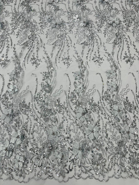 3D Luxury Satin Floral Glitter Fabric - 3D Satin Flowers, Glitter Sequin Embroidery, 54" Width (1 Yard)
