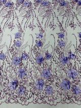 3D Luxury Satin Floral Glitter Fabric - 3D Satin Flowers, Glitter Sequin Embroidery, 54" Width (1 Yard)