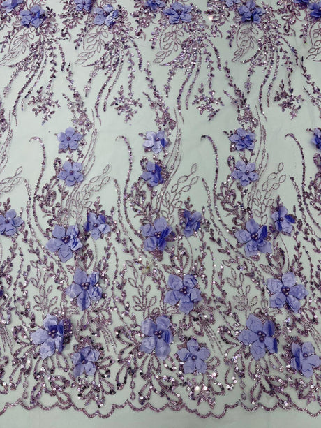 3D Luxury Satin Floral Glitter Fabric - 3D Satin Flowers, Glitter Sequin Embroidery, 54" Width (1 Yard)