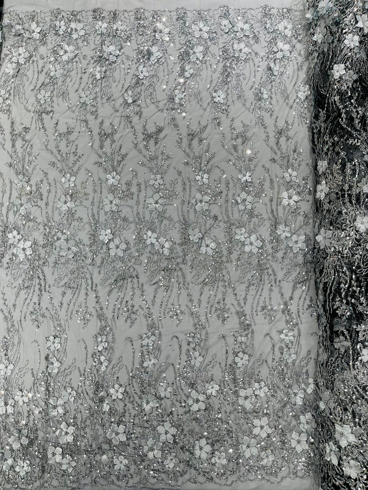 3D Luxury Satin Floral Glitter Fabric - 3D Satin Flowers, Glitter Sequin Embroidery, 54" Width (1 Yard)