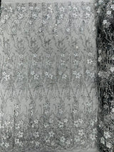 3D Luxury Satin Floral Glitter Fabric - 3D Satin Flowers, Glitter Sequin Embroidery, 54" Width (1 Yard)