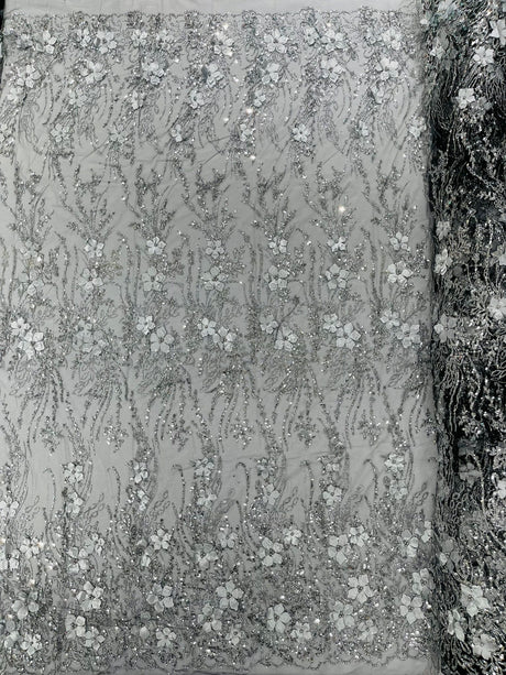 3D Luxury Satin Floral Glitter Fabric - 3D Satin Flowers, Glitter Sequin Embroidery, 54" Width (1 Yard)