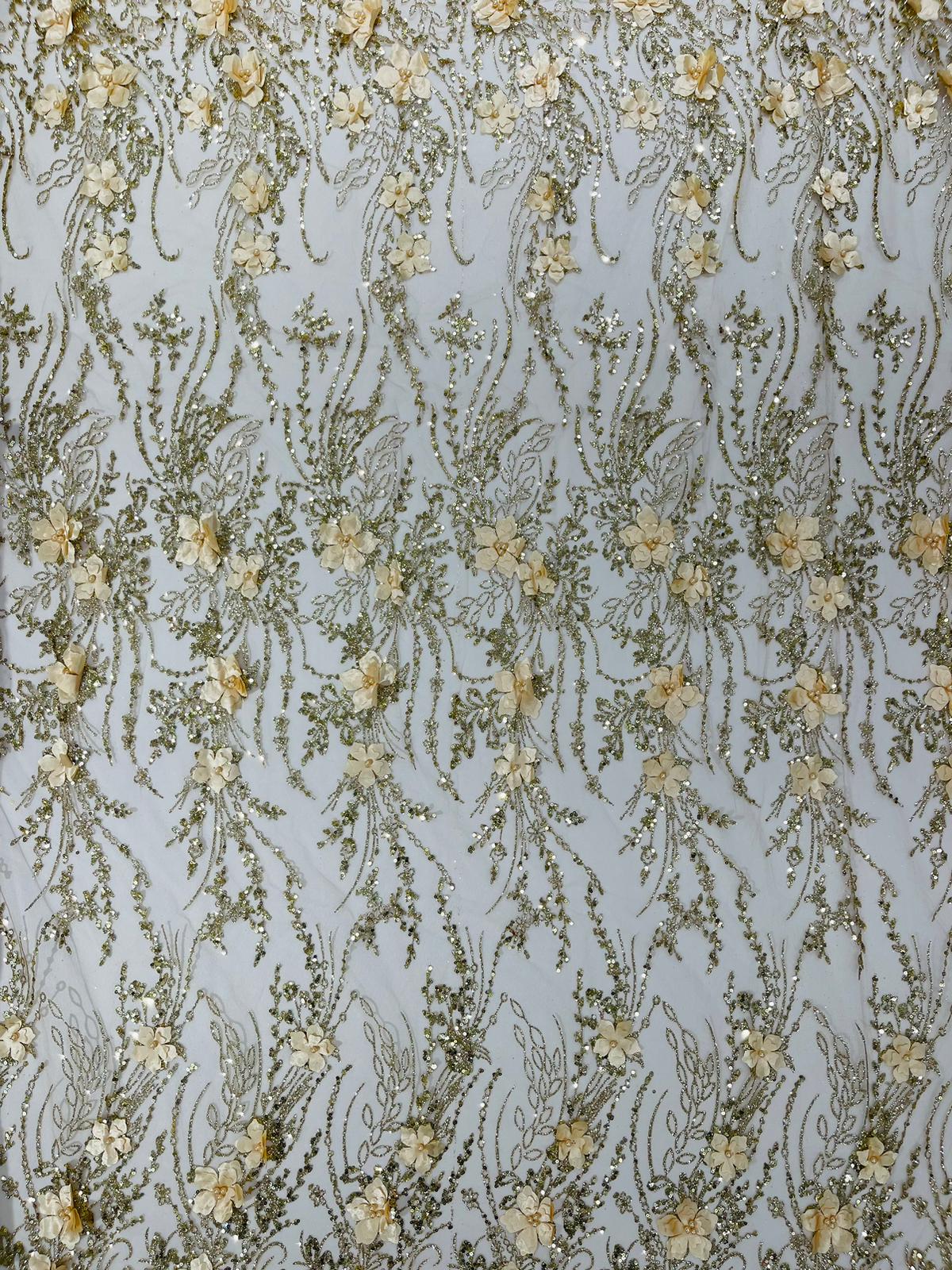 3D Luxury Satin Floral Glitter Fabric - 3D Satin Flowers, Glitter Sequin Embroidery, 54" Width (1 Yard)