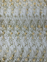 3D Luxury Satin Floral Glitter Fabric - 3D Satin Flowers, Glitter Sequin Embroidery, 54" Width (1 Yard)