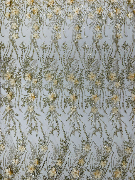 3D Luxury Satin Floral Glitter Fabric - 3D Satin Flowers, Glitter Sequin Embroidery, 54" Width (1 Yard)