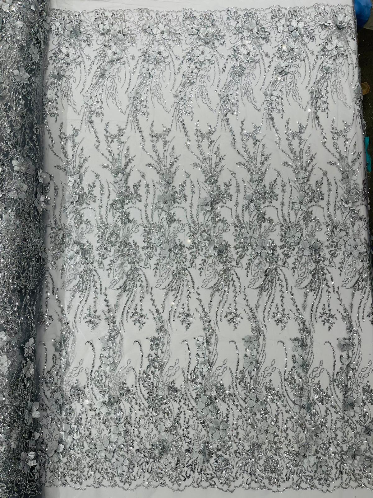 3D Luxury Satin Floral Glitter Fabric - 3D Satin Flowers, Glitter Sequin Embroidery, 54" Width (1 Yard)