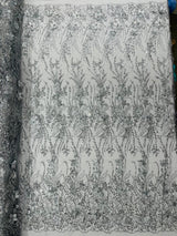 3D Luxury Satin Floral Glitter Fabric - 3D Satin Flowers, Glitter Sequin Embroidery, 54" Width (1 Yard)