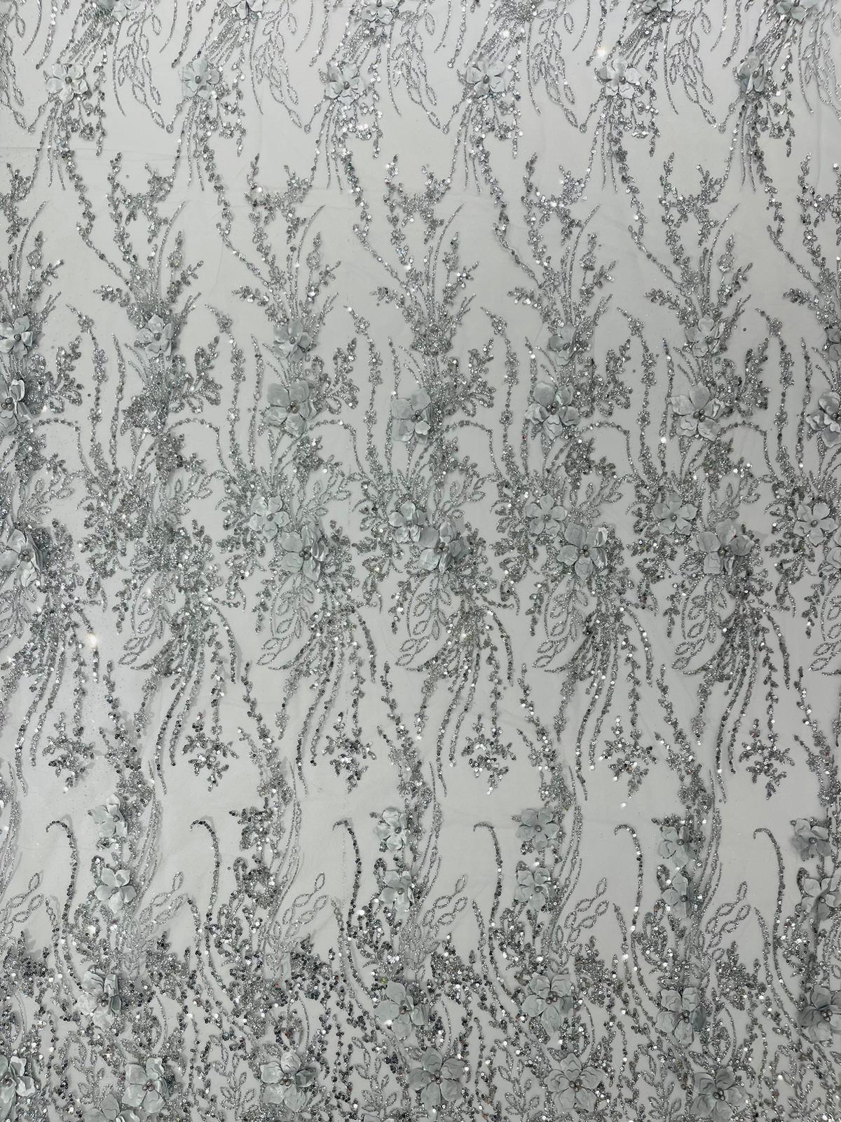 3D Luxury Satin Floral Glitter Fabric - 3D Satin Flowers, Glitter Sequin Embroidery, 54" Width (1 Yard)