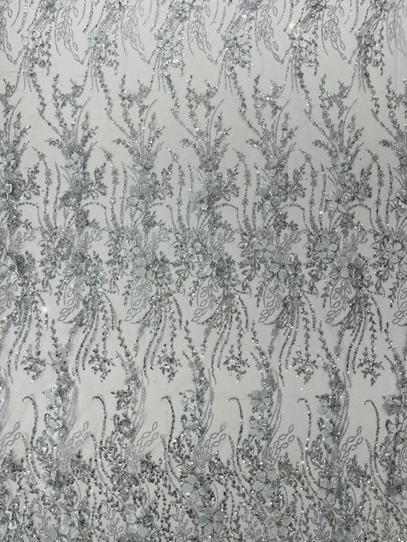 3D Luxury Satin Floral Glitter Fabric - 3D Satin Flowers, Glitter Sequin Embroidery, 54" Width (1 Yard)