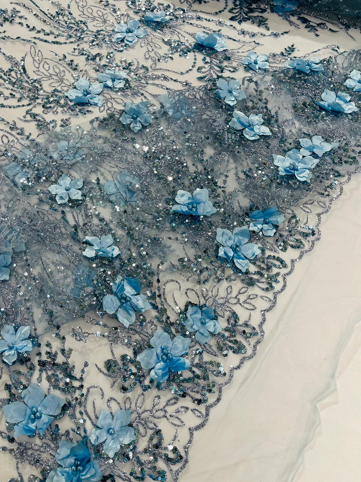 3D Luxury Satin Floral Glitter Fabric - 3D Satin Flowers, Glitter Sequin Embroidery, 54" Width (1 Yard)