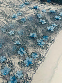 3D Luxury Satin Floral Glitter Fabric - 3D Satin Flowers, Glitter Sequin Embroidery, 54" Width (1 Yard)