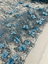 3D Luxury Satin Floral Glitter Fabric - 3D Satin Flowers, Glitter Sequin Embroidery, 54" Width (1 Yard)