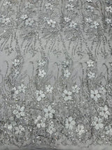 3D Luxury Satin Floral Glitter Fabric - 3D Satin Flowers, Glitter Sequin Embroidery, 54" Width (1 Yard)
