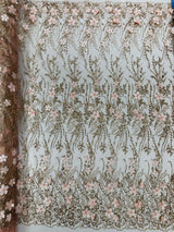 3D Luxury Satin Floral Glitter Fabric - 3D Satin Flowers, Glitter Sequin Embroidery, 54" Width (1 Yard)