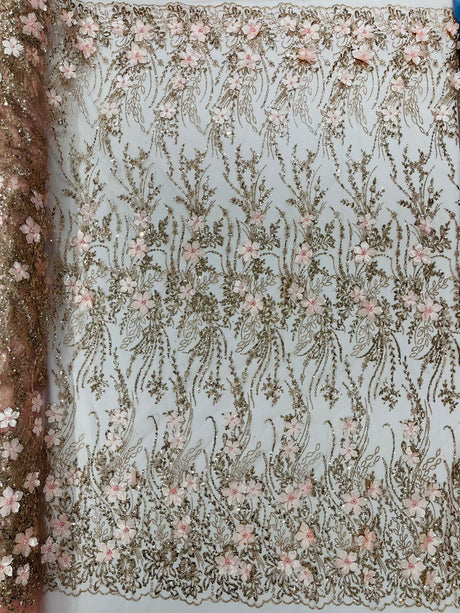 3D Luxury Satin Floral Glitter Fabric - 3D Satin Flowers, Glitter Sequin Embroidery, 54" Width (1 Yard)