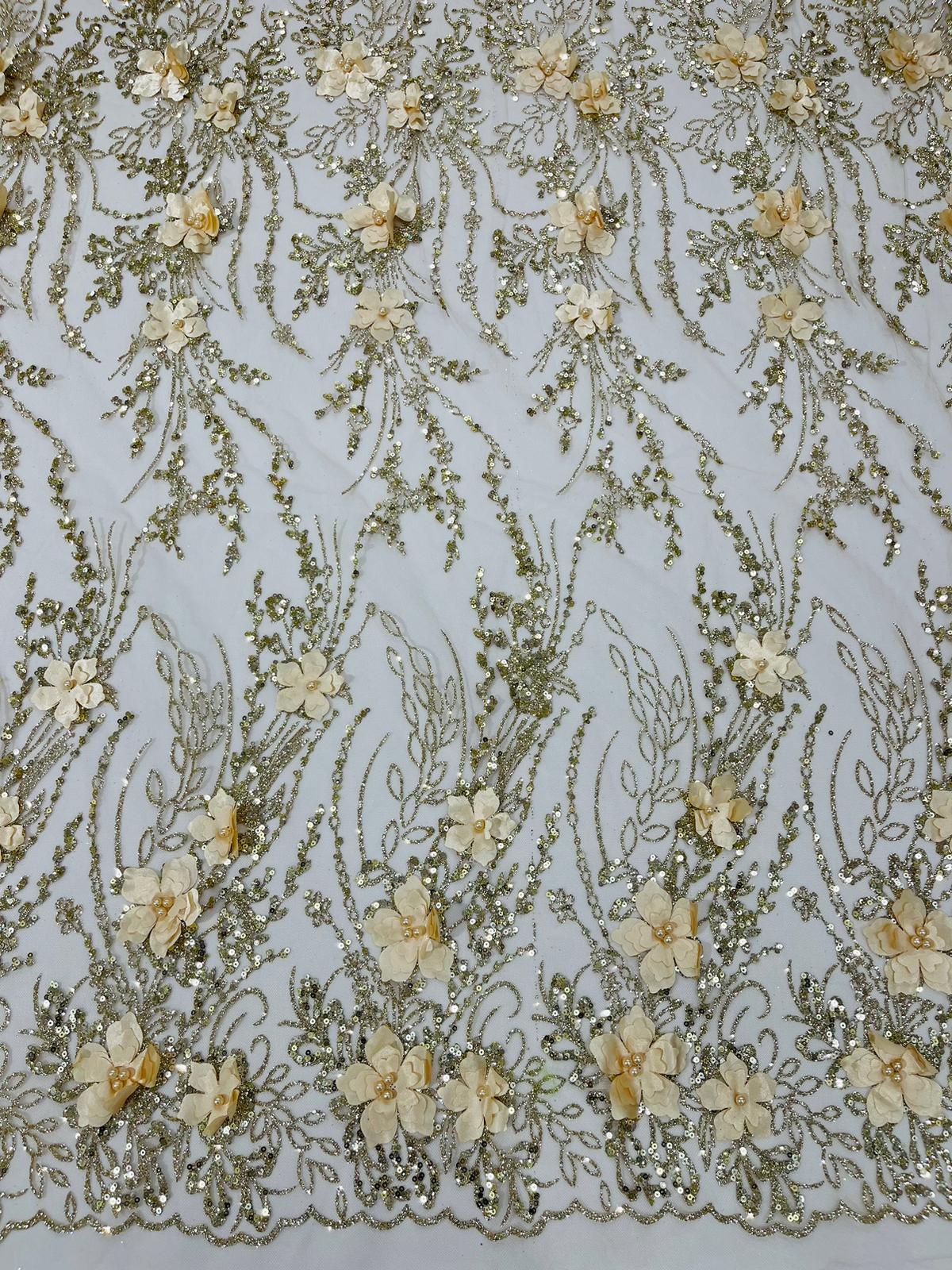 3D Luxury Satin Floral Glitter Fabric - 3D Satin Flowers, Glitter Sequin Embroidery, 54" Width (1 Yard)