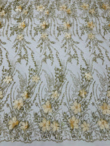 3D Luxury Satin Floral Glitter Fabric - 3D Satin Flowers, Glitter Sequin Embroidery, 54" Width (1 Yard)