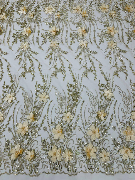 3D Luxury Satin Floral Glitter Fabric - 3D Satin Flowers, Glitter Sequin Embroidery, 54" Width (1 Yard)