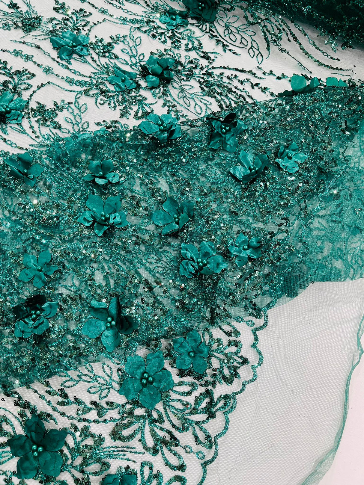 3D Luxury Satin Floral Glitter Fabric - 3D Satin Flowers, Glitter Sequin Embroidery, 54" Width (1 Yard)