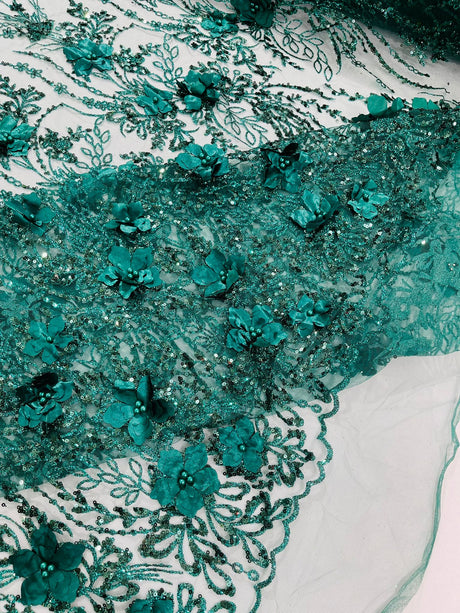 3D Luxury Satin Floral Glitter Fabric - 3D Satin Flowers, Glitter Sequin Embroidery, 54" Width (1 Yard)
