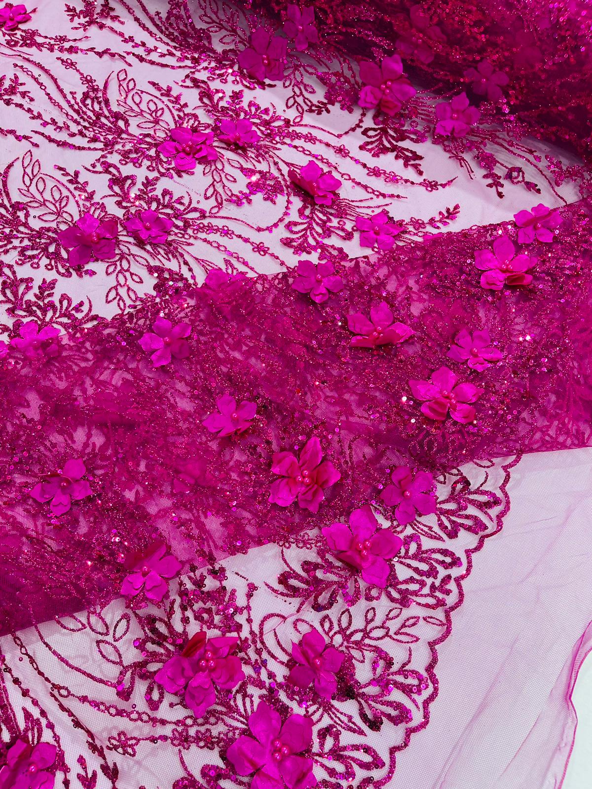 3D Luxury Satin Floral Glitter Fabric - 3D Satin Flowers, Glitter Sequin Embroidery, 54" Width (1 Yard)