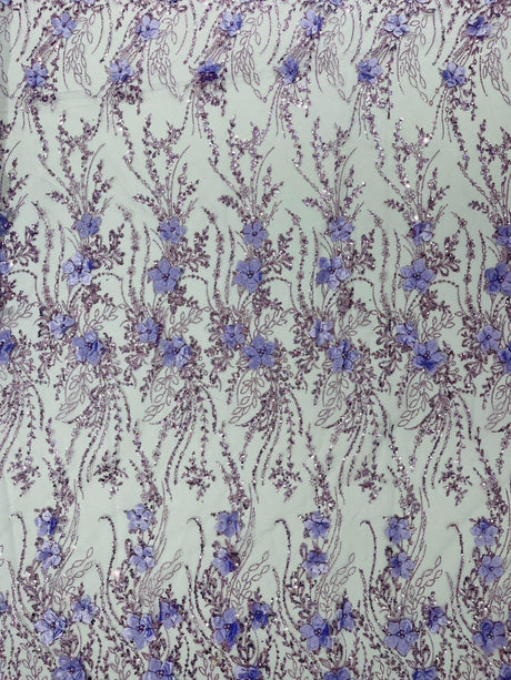 3D Luxury Satin Floral Glitter Fabric - 3D Satin Flowers, Glitter Sequin Embroidery, 54" Width (1 Yard)