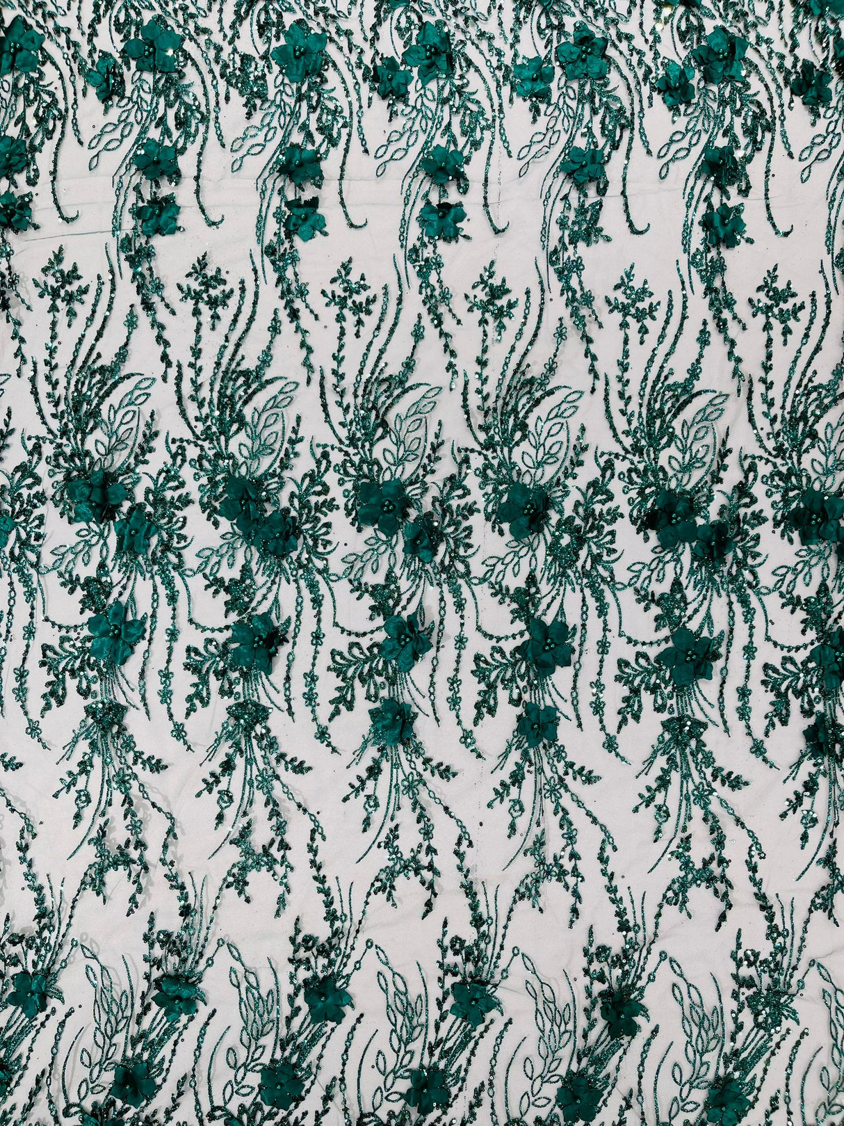 3D Luxury Satin Floral Glitter Fabric - 3D Satin Flowers, Glitter Sequin Embroidery, 54" Width (1 Yard)