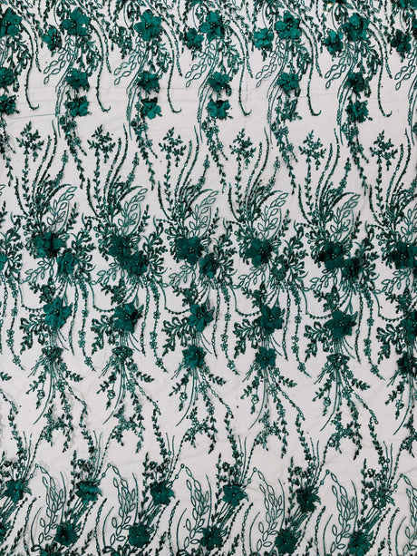 3D Luxury Satin Floral Glitter Fabric - 3D Satin Flowers, Glitter Sequin Embroidery, 54" Width (1 Yard)