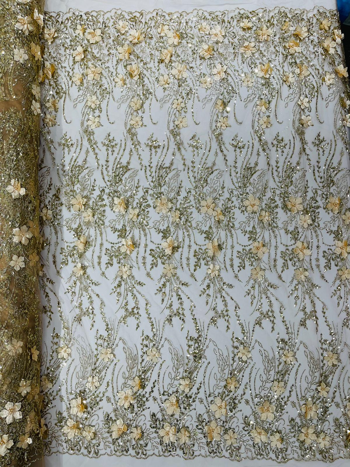 3D Luxury Satin Floral Glitter Fabric - 3D Satin Flowers, Glitter Sequin Embroidery, 54" Width (1 Yard)