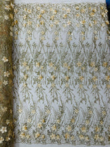 3D Luxury Satin Floral Glitter Fabric - 3D Satin Flowers, Glitter Sequin Embroidery, 54" Width (1 Yard)