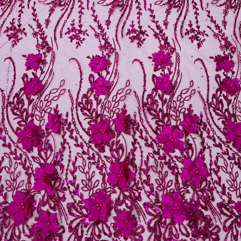 3D Luxury Satin Floral Glitter Fabric - 3D Satin Flowers, Glitter Sequin Embroidery, 54" Width (1 Yard)