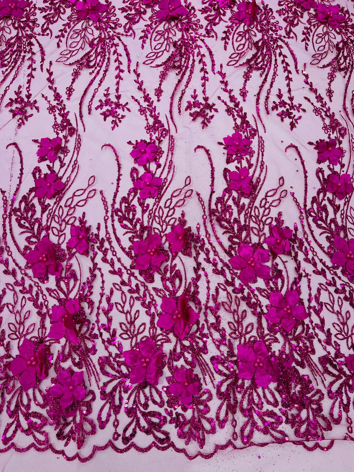 3D Luxury Satin Floral Glitter Fabric - 3D Satin Flowers, Glitter Sequin Embroidery, 54" Width (1 Yard)
