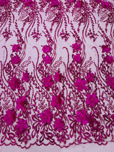 3D Luxury Satin Floral Glitter Fabric - 3D Satin Flowers, Glitter Sequin Embroidery, 54" Width (1 Yard)