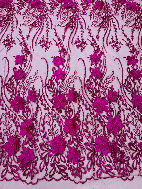 3D Luxury Satin Floral Glitter Fabric - 3D Satin Flowers, Glitter Sequin Embroidery, 54" Width (1 Yard)