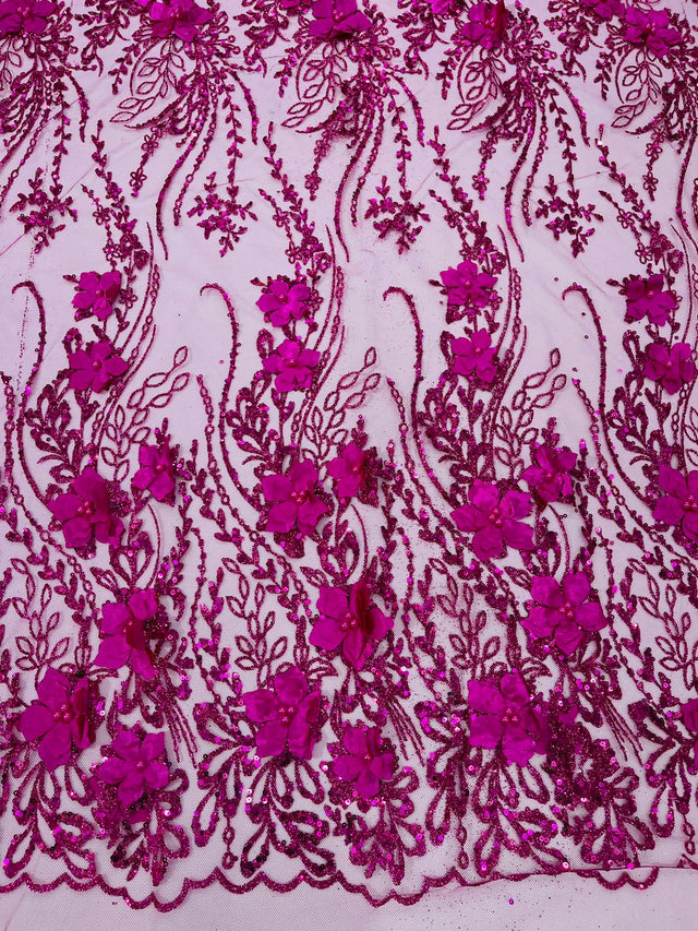 3D Luxury Satin Floral Glitter Fabric - 3D Satin Flowers, Glitter Sequin Embroidery, 54" Width (1 Yard)