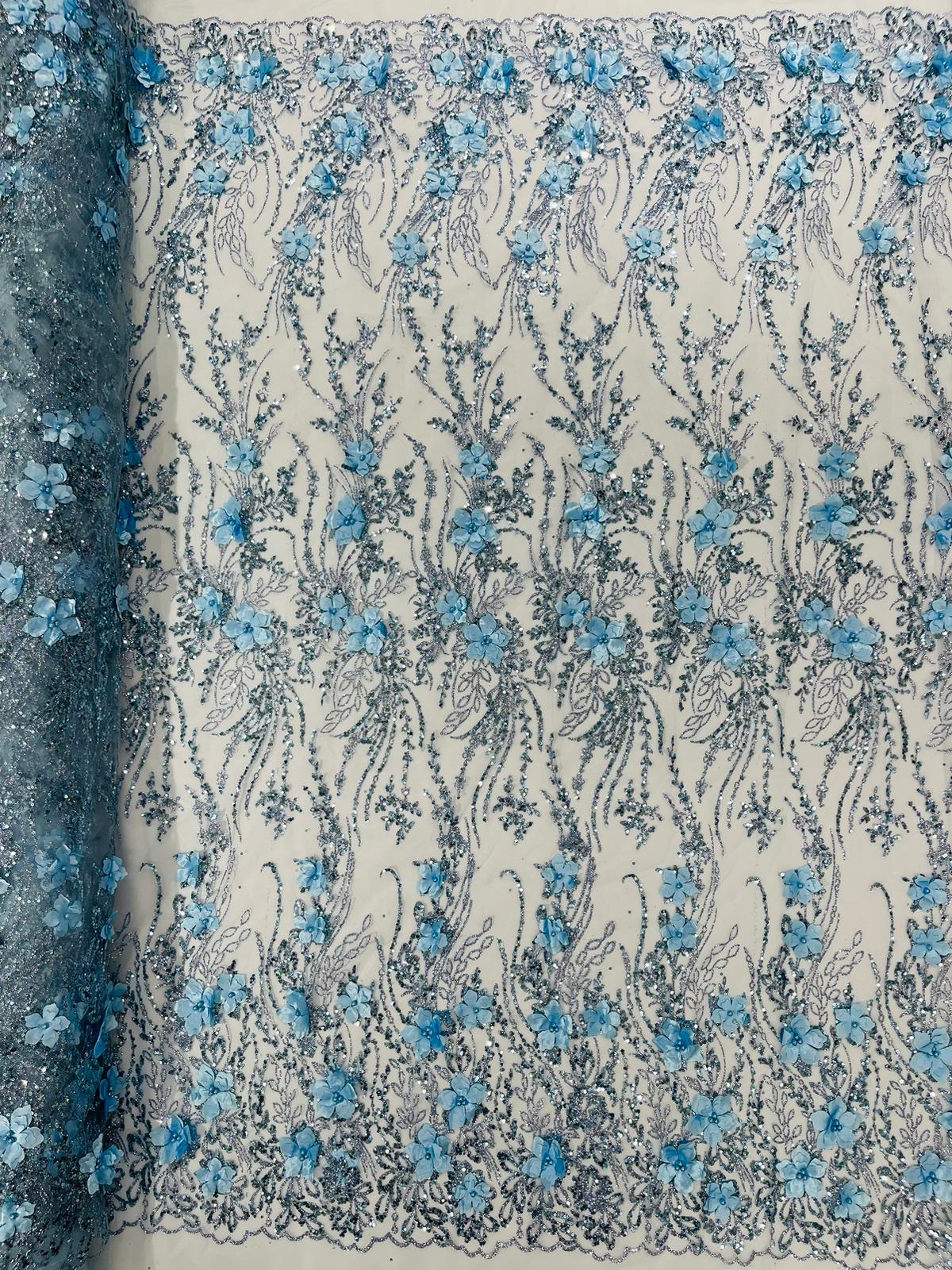 3D Luxury Satin Floral Glitter Fabric - 3D Satin Flowers, Glitter Sequin Embroidery, 54" Width (1 Yard)