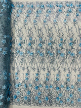 3D Luxury Satin Floral Glitter Fabric - 3D Satin Flowers, Glitter Sequin Embroidery, 54" Width (1 Yard)