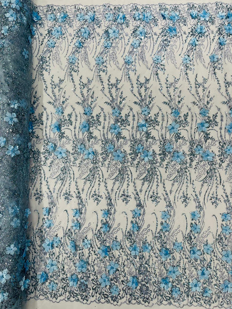 3D Luxury Satin Floral Glitter Fabric - 3D Satin Flowers, Glitter Sequin Embroidery, 54" Width (1 Yard)