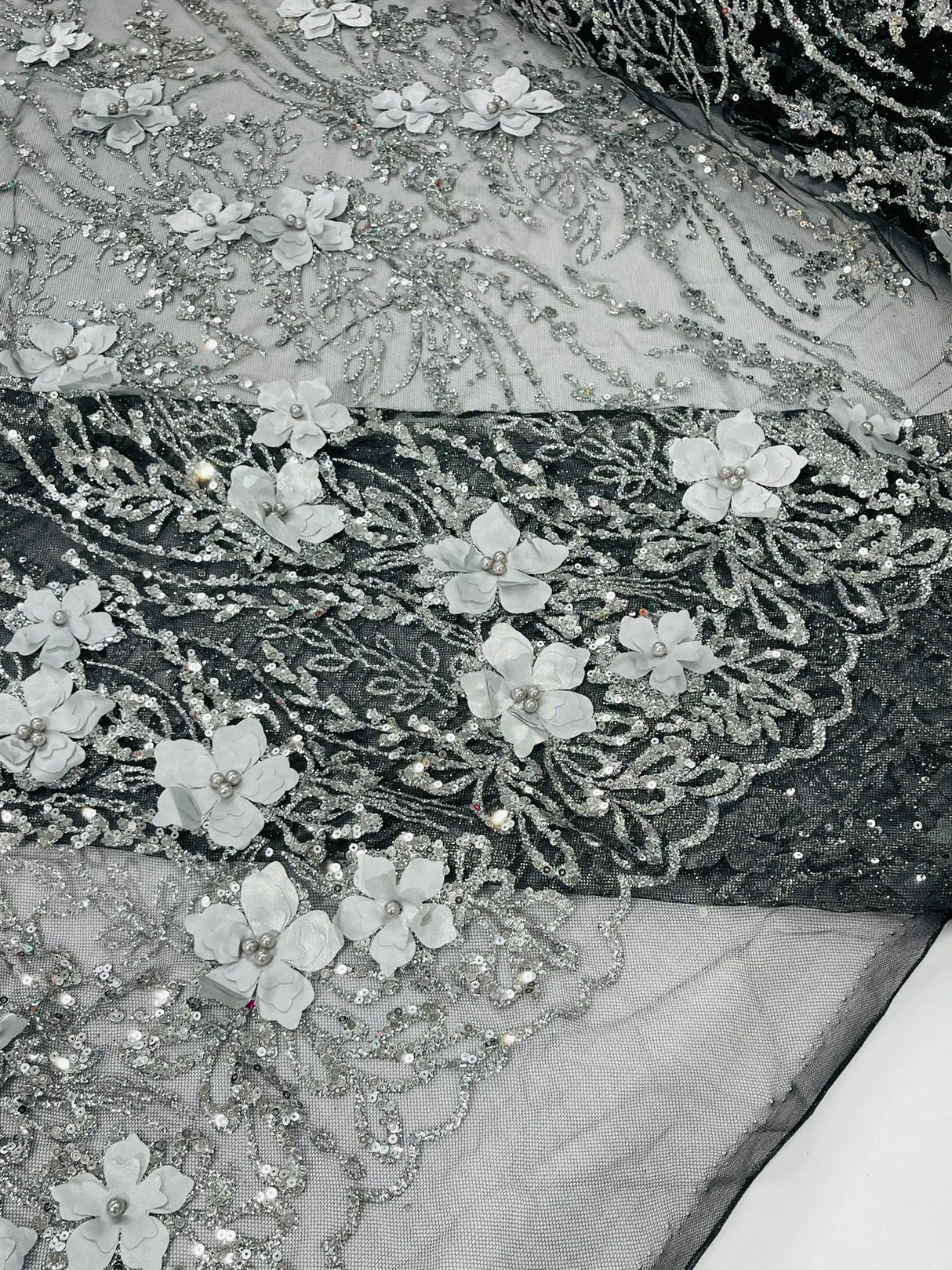 3D Luxury Satin Floral Glitter Fabric - 3D Satin Flowers, Glitter Sequin Embroidery, 54" Width (1 Yard)