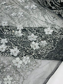 3D Luxury Satin Floral Glitter Fabric - 3D Satin Flowers, Glitter Sequin Embroidery, 54" Width (1 Yard)
